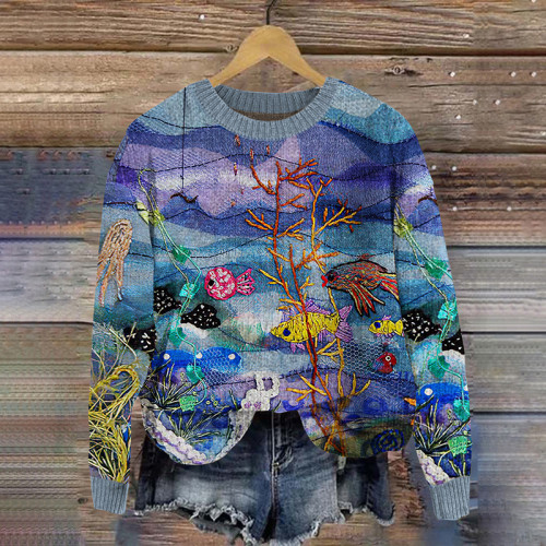 Vintage Underwater Animals Pattern Pullover Knitted Sweater