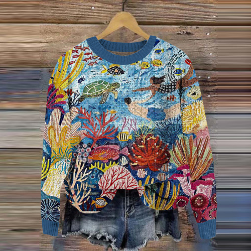 Vintage Underwater Animals Puzzle Pullover Knitted Sweater