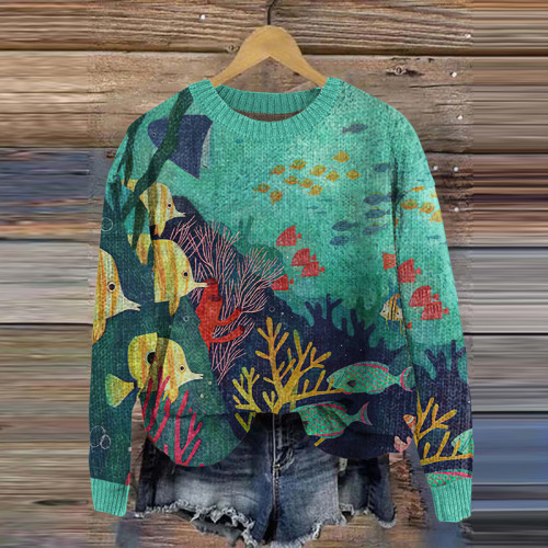 Vintage Underwater Life Pattern Knitted Pullover Sweater