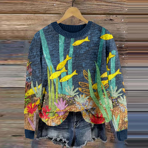 Vintage Underwater Pattern Knitted Long Sleeve Sweater