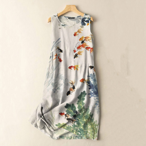 Vintage Watercolor Fish Art Print Sleeveless Cotton And Linen Midi Dress