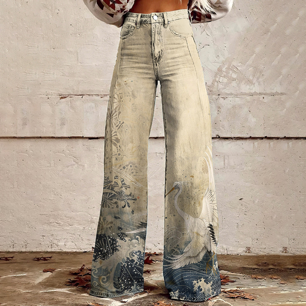 Vintage Waves Crane Japanese Art Casual Wide Leg Jeans