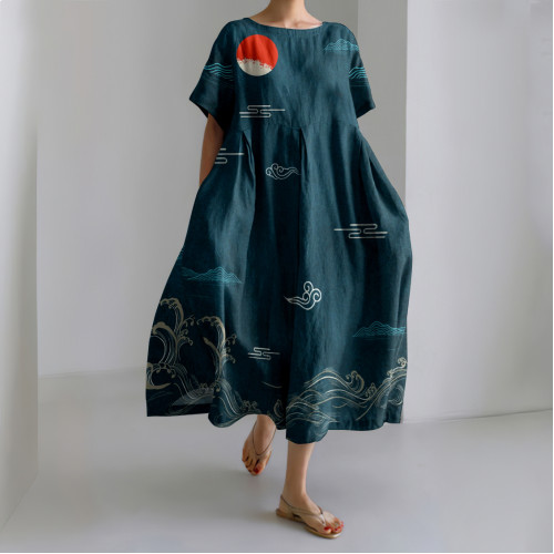 Vintage Waves Japanese Art Print Short Sleeve Linen Blend Maxi Dress