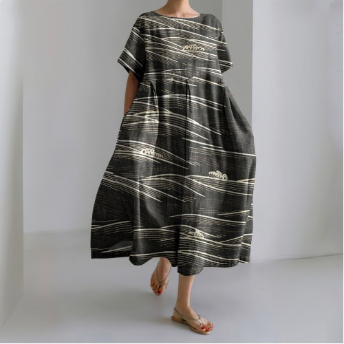 Vintage Waves Print Short Sleeve Linen Blend Maxi Dress