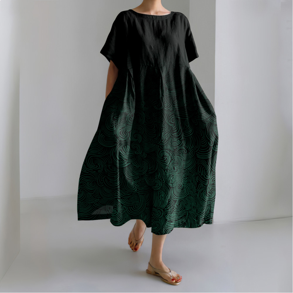Vintage Waves Print Short Sleeve Linen Blend Maxi Dress