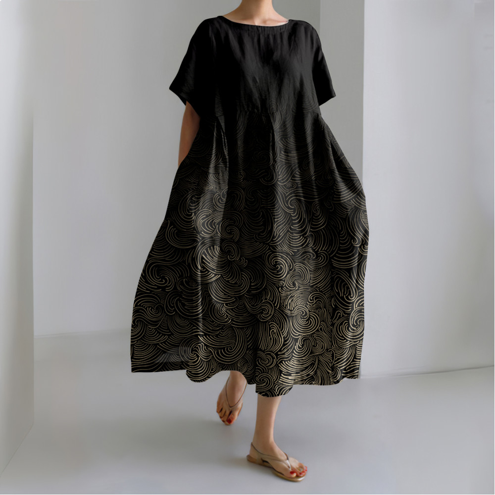 Vintage Waves Print Short Sleeve Linen Blend Maxi Dress