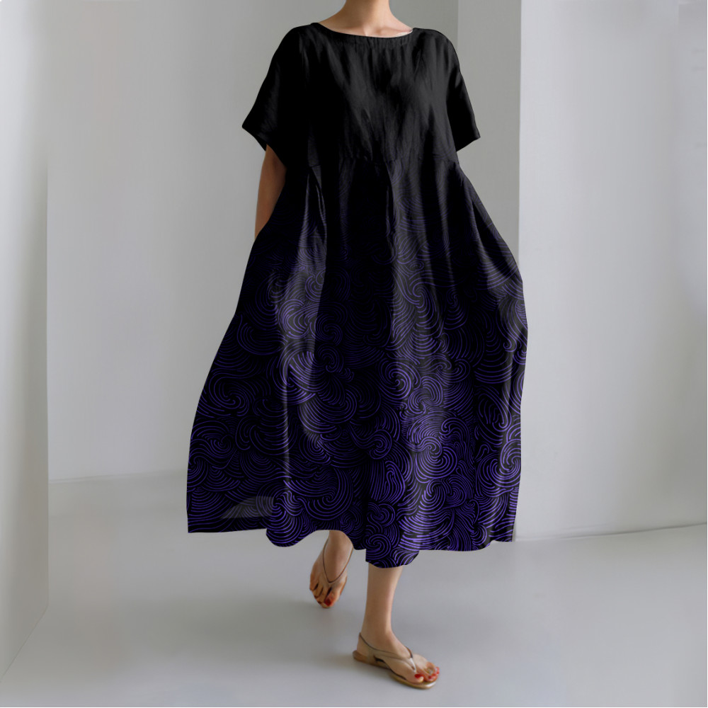 Vintage Waves Print Short Sleeve Linen Blend Maxi Dress