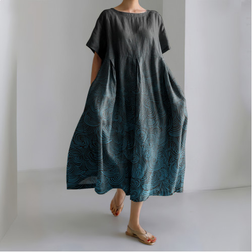 Vintage Waves Print Short Sleeve Linen Blend Maxi Dress