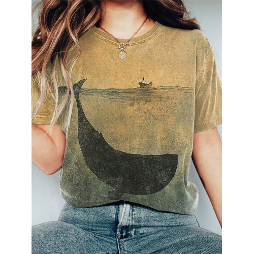 Vintage Whale Print Casual Cotton T-Shirt