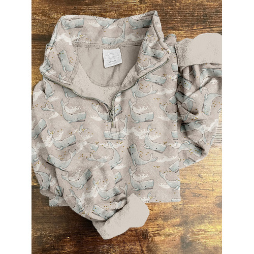 Vintage Whales Graphic Comfy Zip Up Sweatshirt