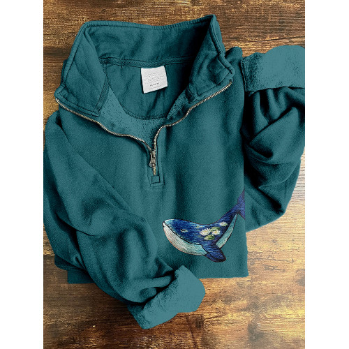 Water Lilies Inspired Whale Embroidery Art Zip Up Sweatshirt