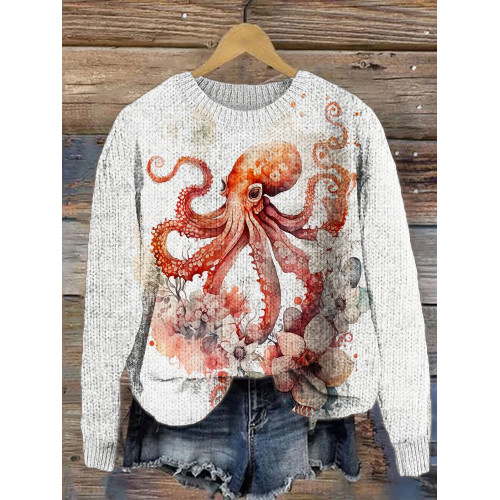 Watercolor Floral Octopus Art Pattern Knit Sweater