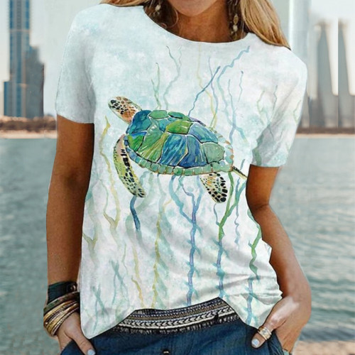 Watercolor Sea Turtle Print Casual T Shirt