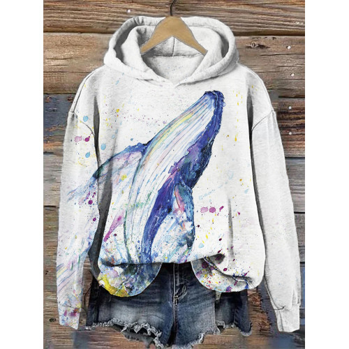 Watercolor Whale Pattern Cozy Hooded Sweatshirt