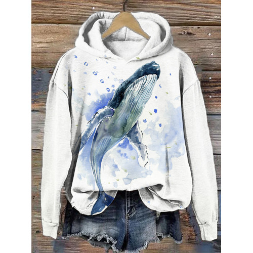 Watercolor Whale Print Hooded Sweatshirt