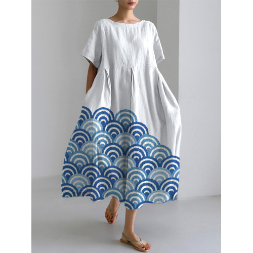 Wave Embroidery Pattern Linen Blend Casual Dress