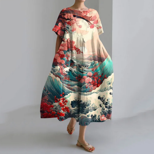 Wave Floral Japanese Art Loose Short Sleeved Midi Dress