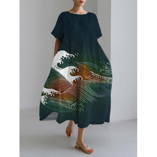 Wave Gradient Embroidery Japanese Linen Blend Maxi Dress