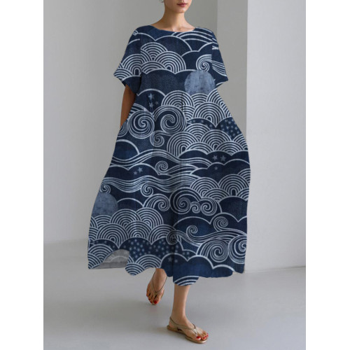 Wave Japanese Pattern Women's Linen Maxi Dress