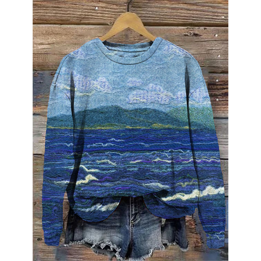 Wave Pattern Cozy Crew Neck Sweatshirt