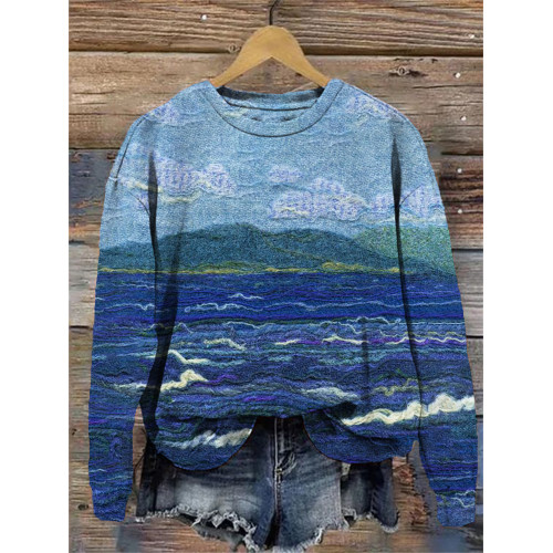 Wave Pattern Cozy Crew Neck Sweatshirt