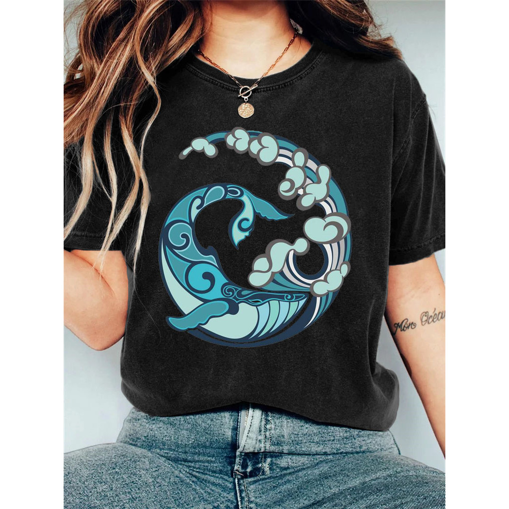 Wave Pattern Whale Print Retro T-Shirt