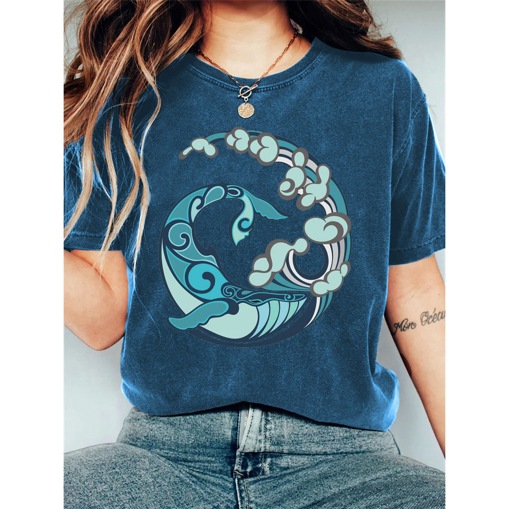 Wave Pattern Whale Print Retro T-Shirt