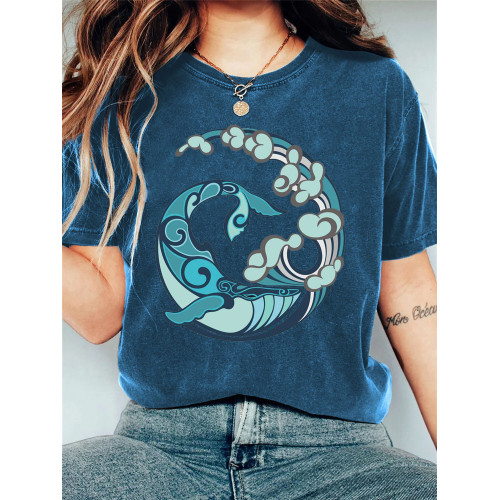 Wave Pattern Whale Print Retro T-Shirt