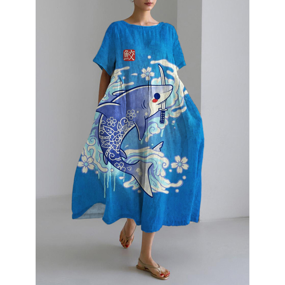 Wave & Shark Japanese Pattern Linen Maxi Dress