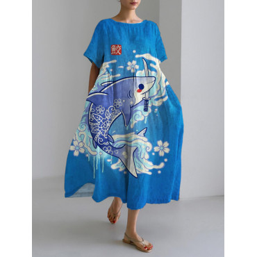 Wave & Shark Japanese Pattern Linen Maxi Dress