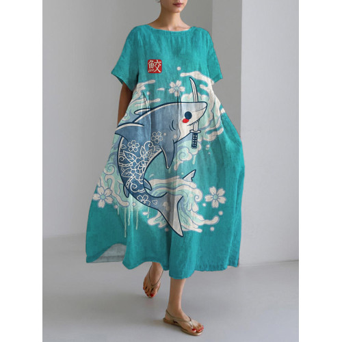 Wave & Shark Japanese Pattern Linen Maxi Dress