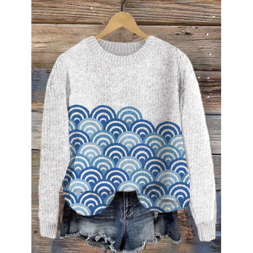 Waves Embroidery Art Cozy Knit Sweater