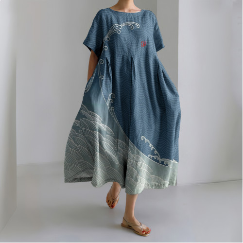 Waves Japanese Art Print Short Sleeve Linen Blend Maxi Dress