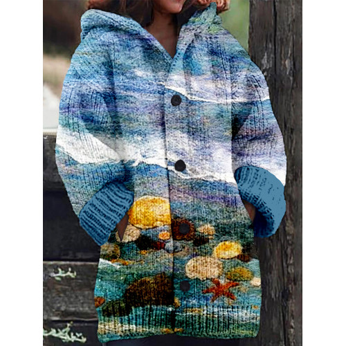 Waves and Beaches Felt Art Cozy Hooded Cardigan