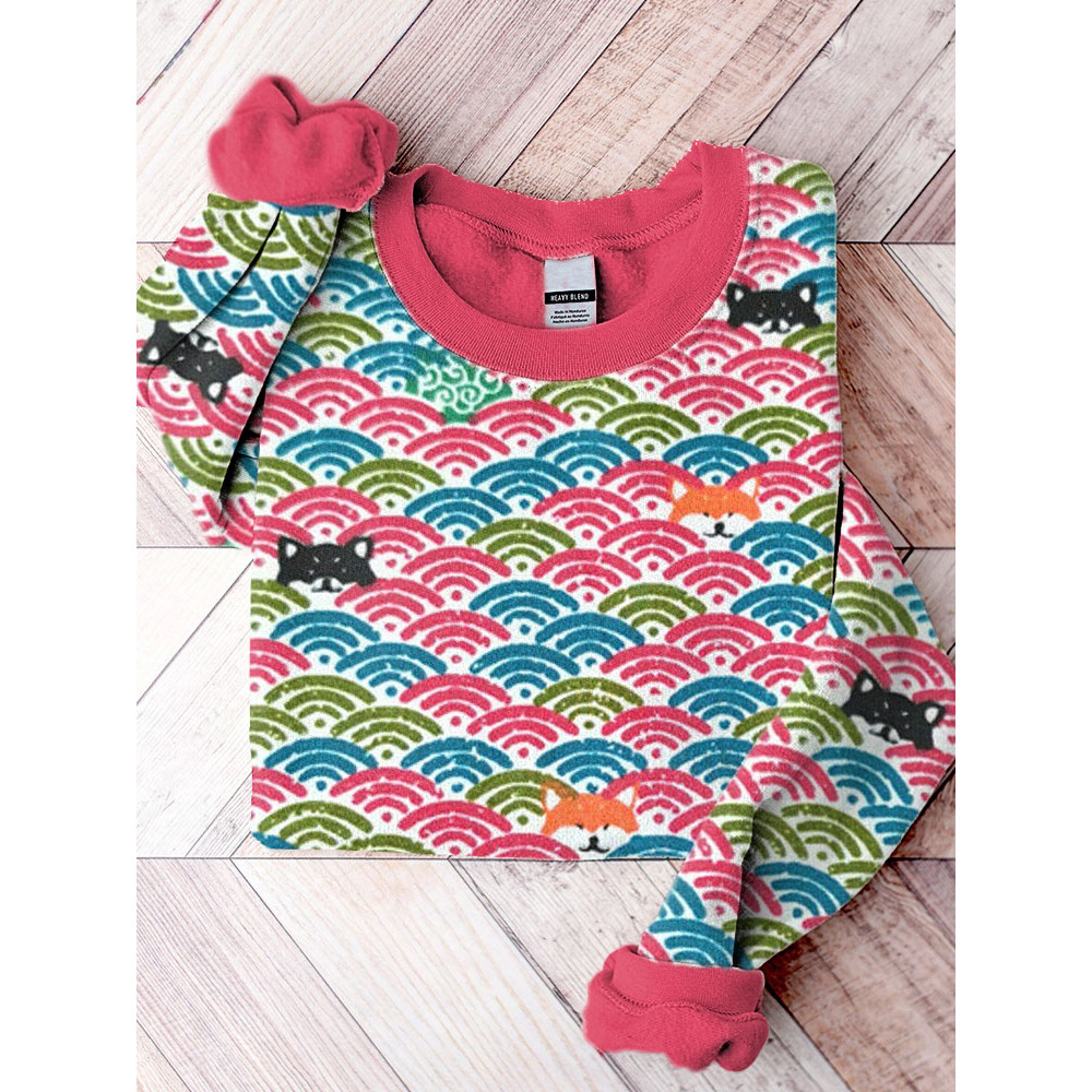 Waves and Shiba Inu Dog Print Casual Sweatshirt