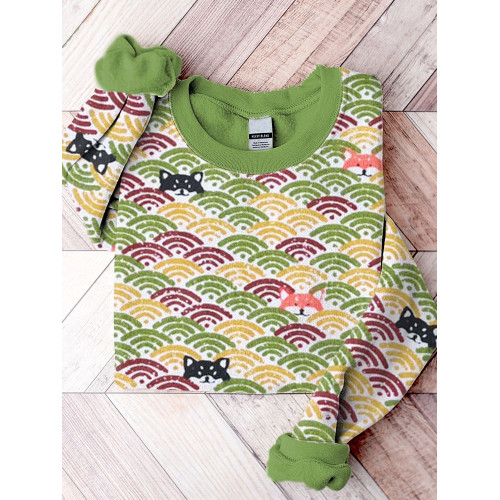 Waves and Shiba Inu Dog Print Casual Sweatshirt