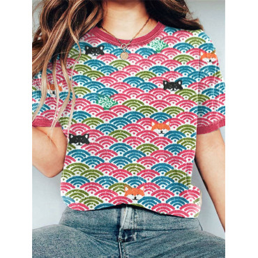 Waves and Shiba Inu Dog Print Casual T-Shirt