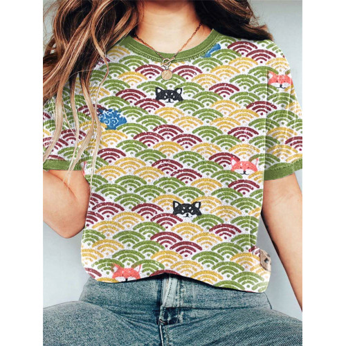 Waves and Shiba Inu Dog Print Casual T-Shirt