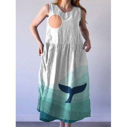 Whale And Ocean Waves Print Linen Blend Sleeveless Dress