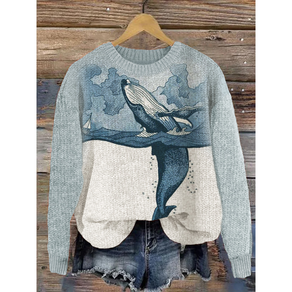 Whale Art Contrast Color Cozy Knit Sweater