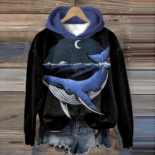 Whale Art Contrast Color Cozy Washed Hoodie