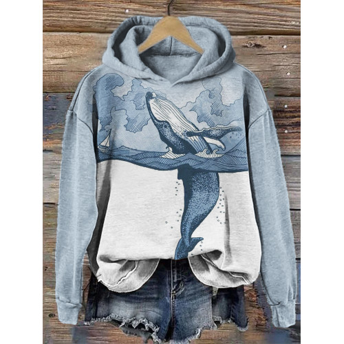 Whale Art Contrast Color Cozy Washed Hoodie