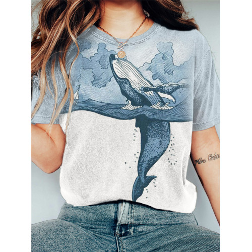 Whale Art Contrast Color Vintage Washed T Shirt