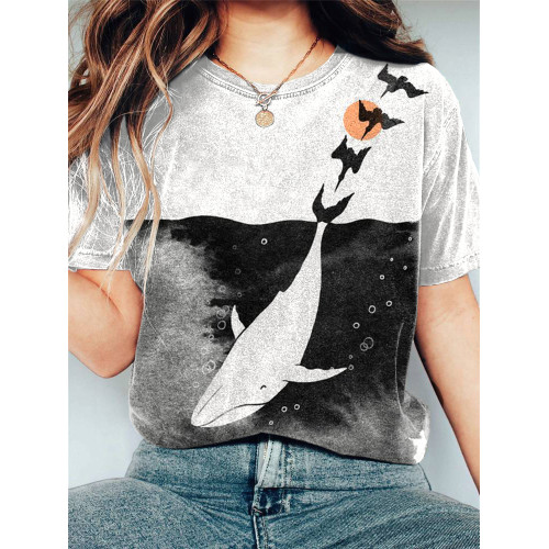 Whale Art Painting Print Casual Cotton T-Shirt
