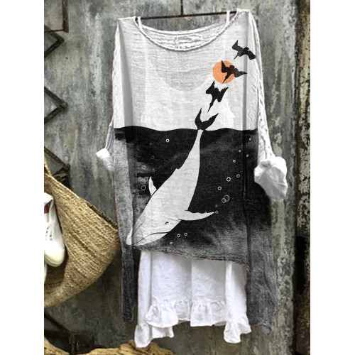 Whale Art Painting Print Linen Blend Casual Shirt
