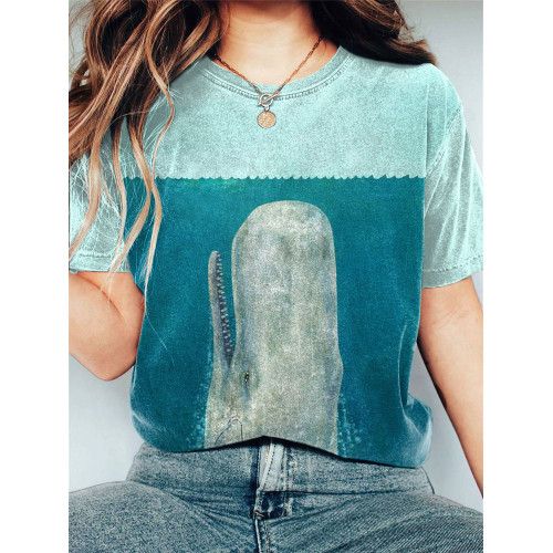 Whale Art Print Casual Cotton T-Shirt