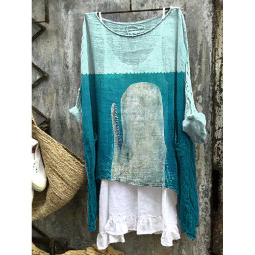 Whale Art Print Linen Blend Casual Vintage Shirt