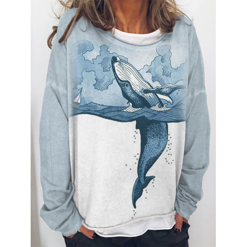 Whale Breach Contrast Color Art Oversize Sweatshirt