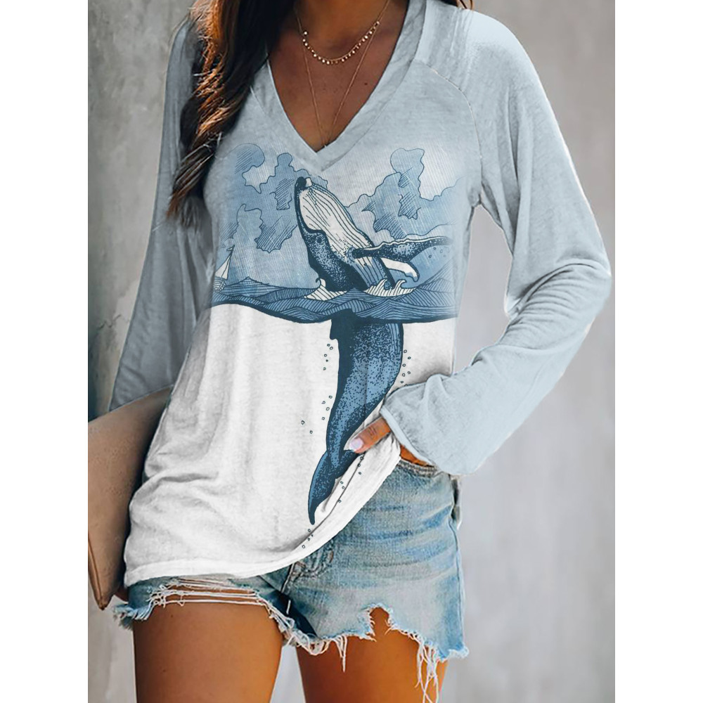 Whale Breach Contrast Color Art V Neck T Shirt