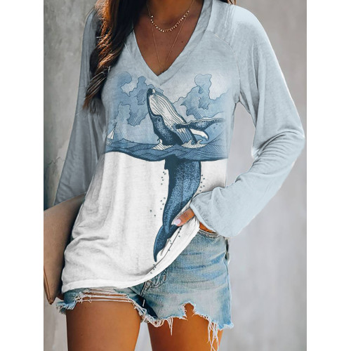 Whale Breach Contrast Color Art V Neck T Shirt
